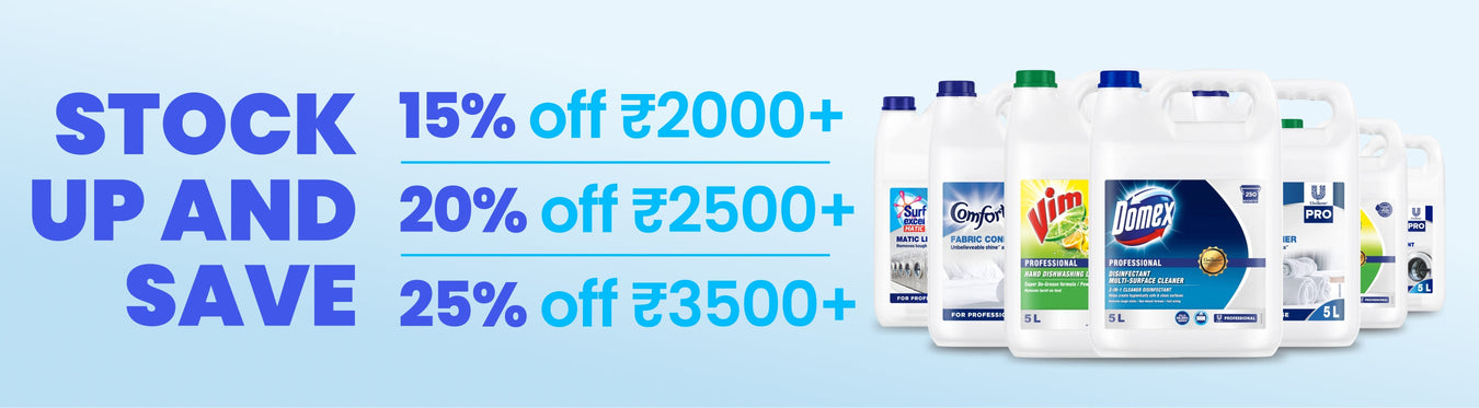 A vibrant assortment of cleaning supplies, promoting savings for customers who stock up on essential products.