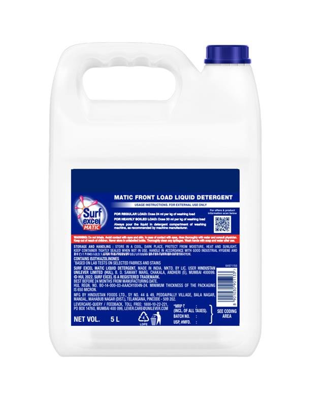 Surf Excel Matic Front Load - Professional Laundry Liquid Detergent 5L