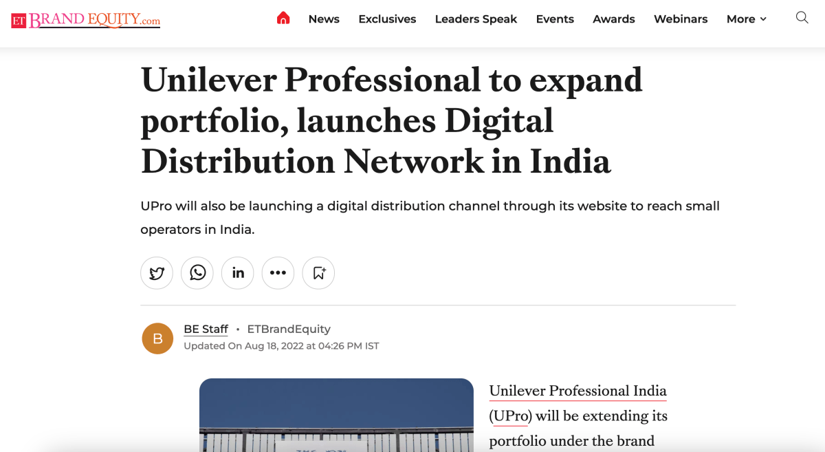 Unilever Professional Featured in The Economic Times of India - Unilever Professional India