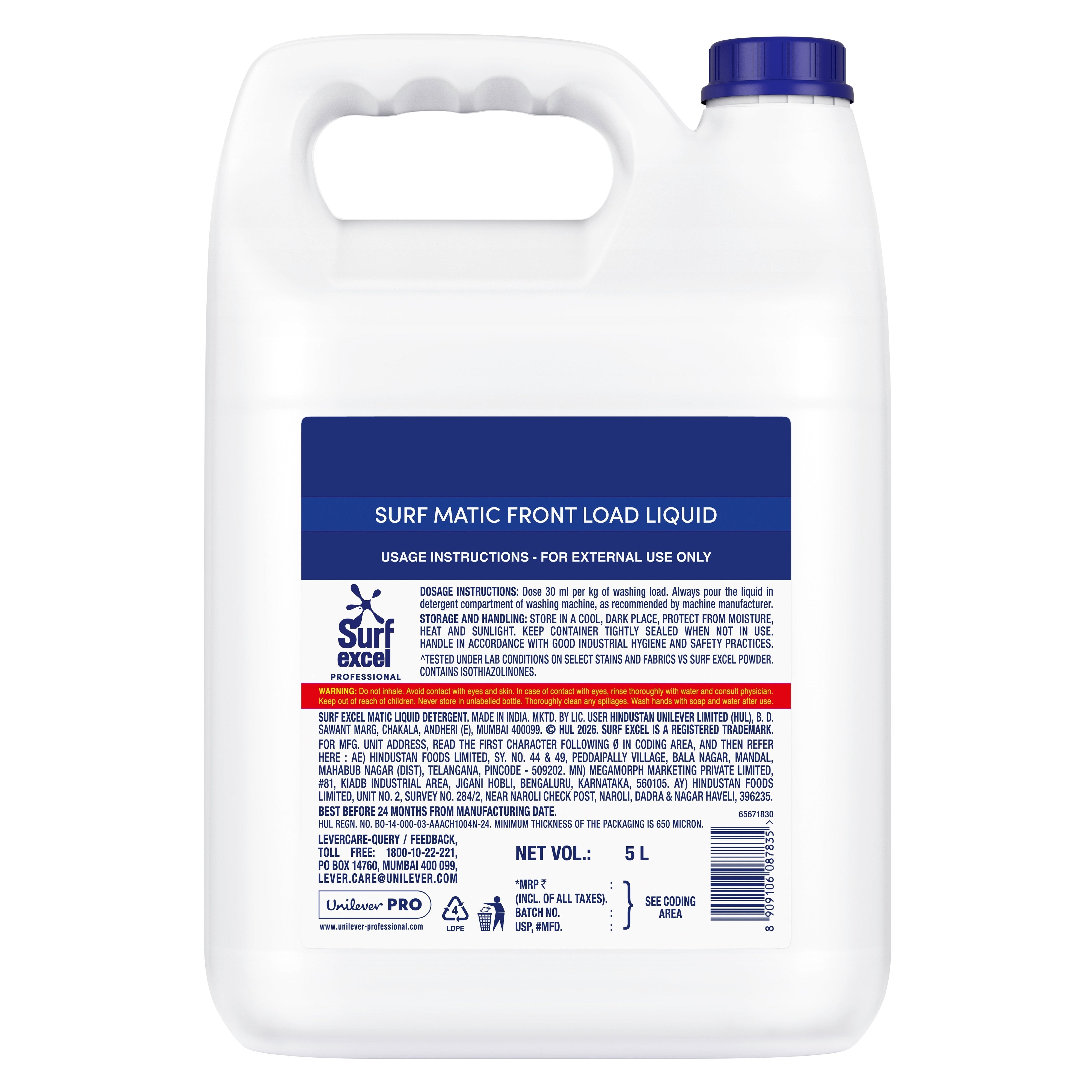 Surf Excel Matic Front Load- Professional Laundry Liquid Detergent 5L