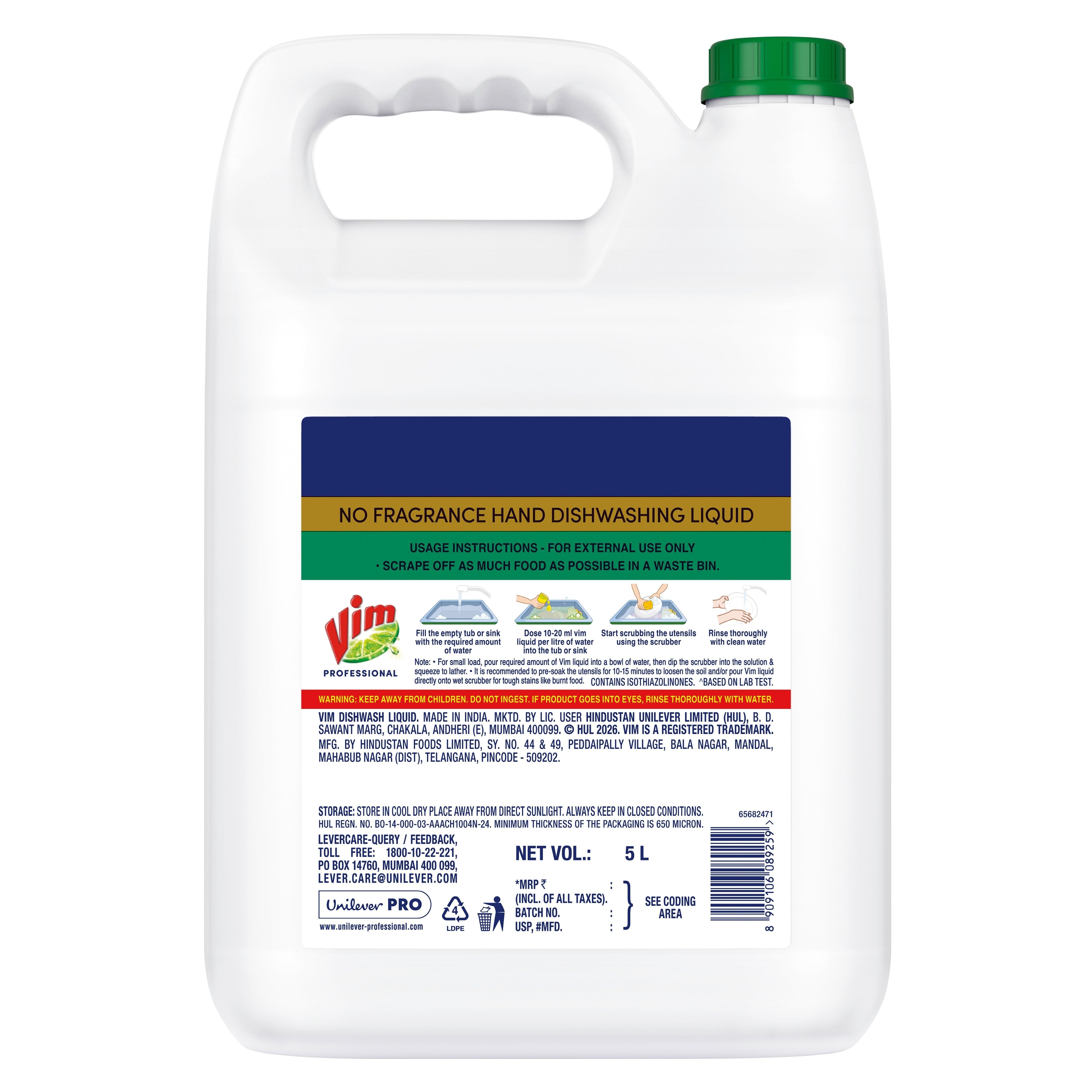 Vim Fragrance Free Hand Dishwash Liquid 5L